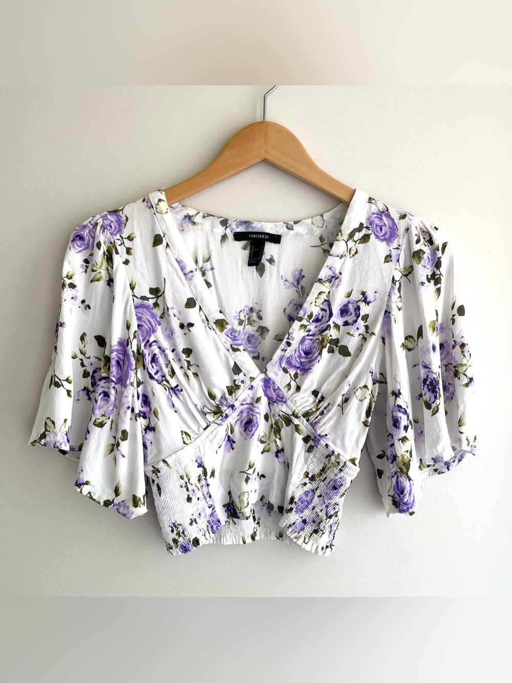 Forever 21 Whimsy White Floral Wrap Crop Top with Lavender Roses